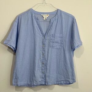 C&C California Sz M Button Front Shirt Top boxy 100% linen Blue Coastal Beach